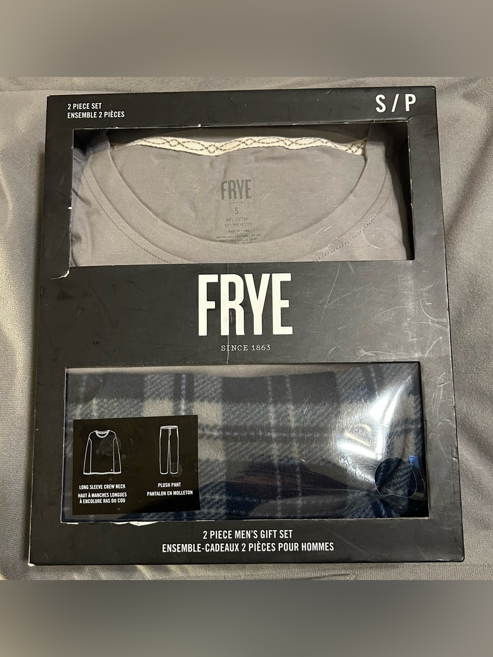 FRYE Sleepwear Mens Small Gray Thermal Henley Blue Plaid Fleece Pants Pajama Se